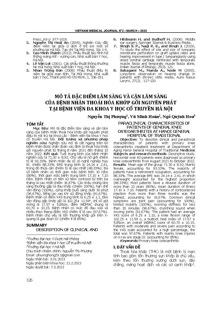 Mô tả đặc điểm lâm sàng và cận lâm sàng của bệnh nhân thoái hóa khớp gối nguyên phát tại Bệnh viện Đa khoa Y học Cổ truyền Hà Nội = Description of clinical and paraclinical characteristics of patients of general knee osteoarthritis at Hanoi general hospit