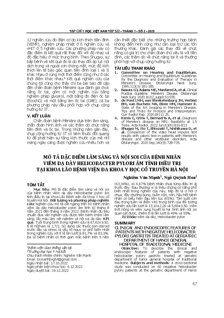 Mô tả đặc điểm lâm sàng và nội soi của bệnh nhân viêm dạ dày Helicobacter pylori âm tính điều trị tại Khoa Lão Bệnh viện Đa khoa Y học cổ truyền Hà Nội = Clinical and endoscopic features of patients with negative helicobacter pylori gastritis treated at g