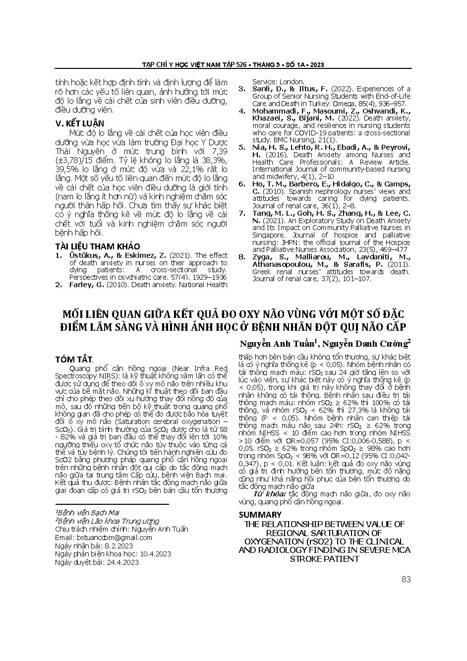 Mối liên quan giữa kết quả đo oxy não vùng với một số đặc điểm lâm sàng và hình ảnh học ở bệnh nhân đột quỵ não cấp = The relationship between value of regional saturation of oxygenation (rSO2) to the clinical and radiology finding in severe MCA stroke pa
