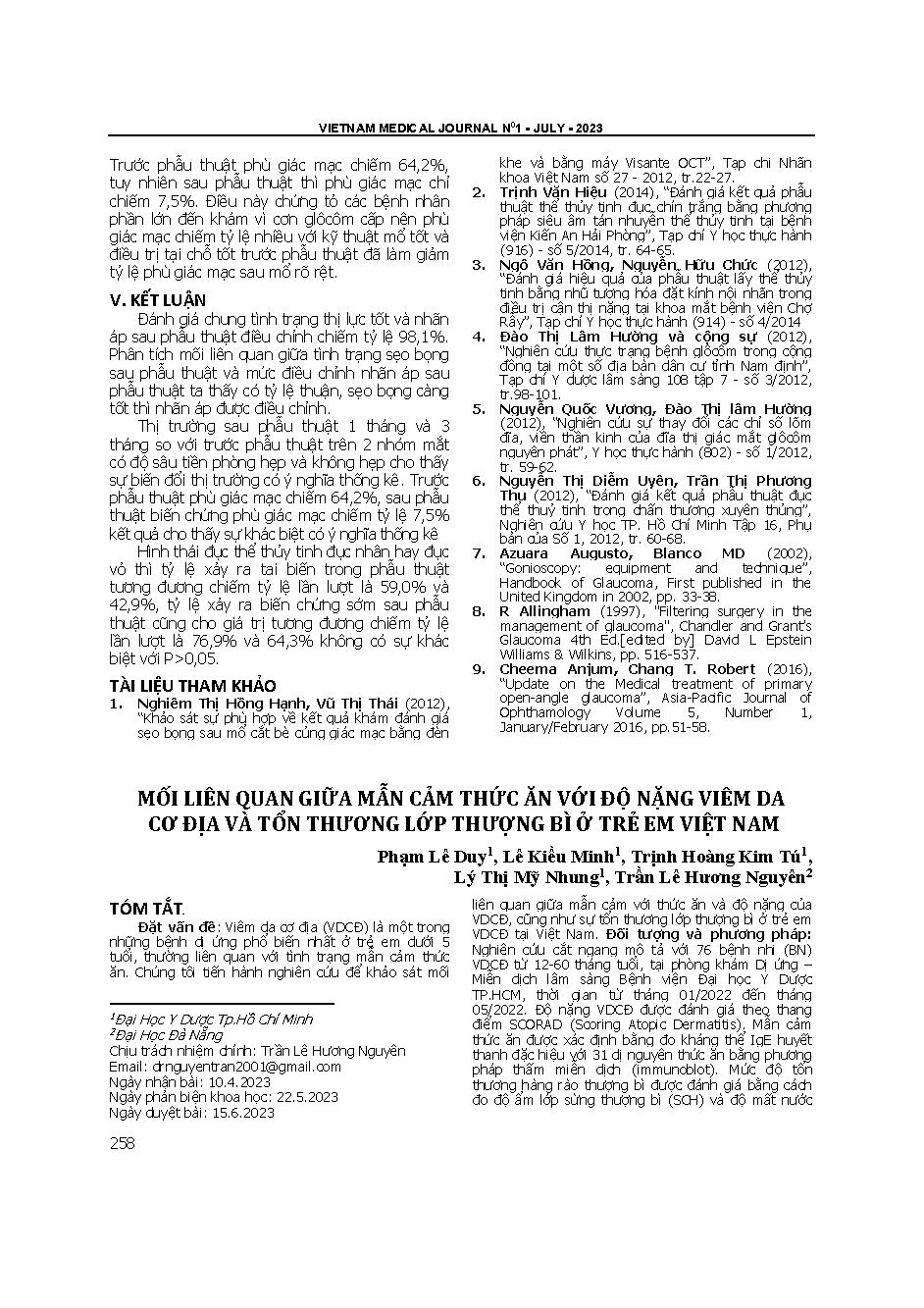 Mối liên quan giữa mẫn cảm thức ăn với độ nặng viêm da cơ địa và tổn thương lớp thượng bì ở trẻ em Việt Nam = Associations of food sensitization with atopic dermatitis severity and epidermal layer impairment in Vietnamese children