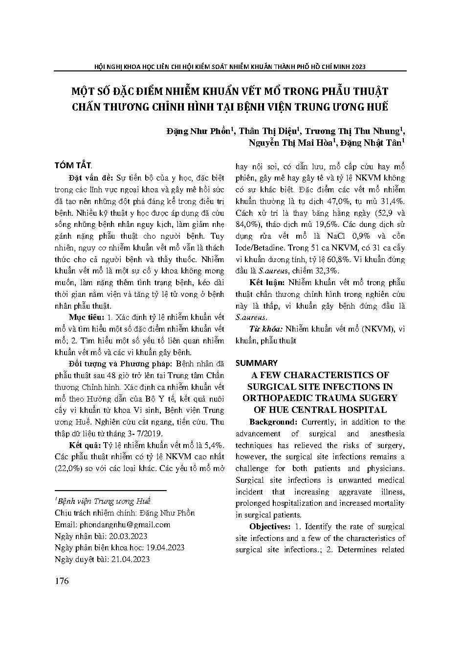 Một số đặc điểm nhiễm khuẩn vết mổ trong phẫu thuật chấn thương chỉnh hình tại Bệnh viện Trung Ương Huế