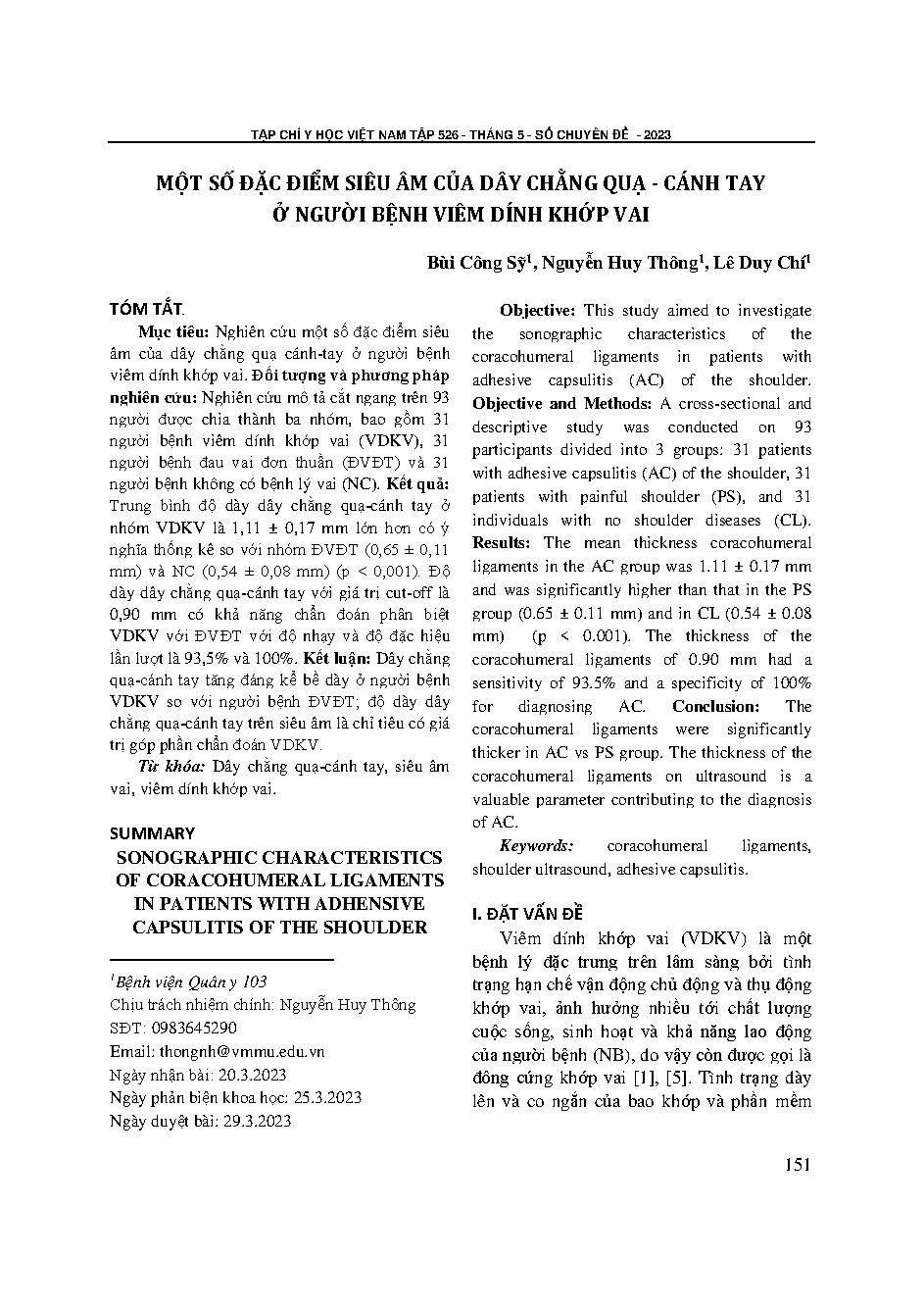 Một số đặc điểm siêu âm của dây chằng quạ - cánh tay ở người bệnh viêm dính khớp vai