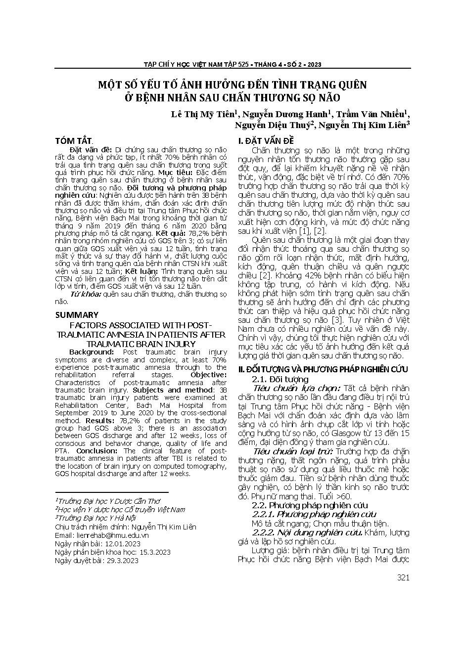 Một số yếu tố ảnh hưởng đến tình trạng quên ở bệnh nhân sau chấn thương sọ não = Factors associated with post-traumatic amnesia in patients after traumatic brain injury