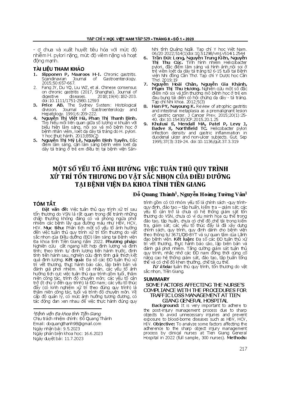 Một số yếu tố ảnh hưởng việc tuân thủ quy trình xử trí tổn thương do vật sắc nhọn của điều dưỡng tại Bệnh viện Đa khoa tỉnh Tiền Giang