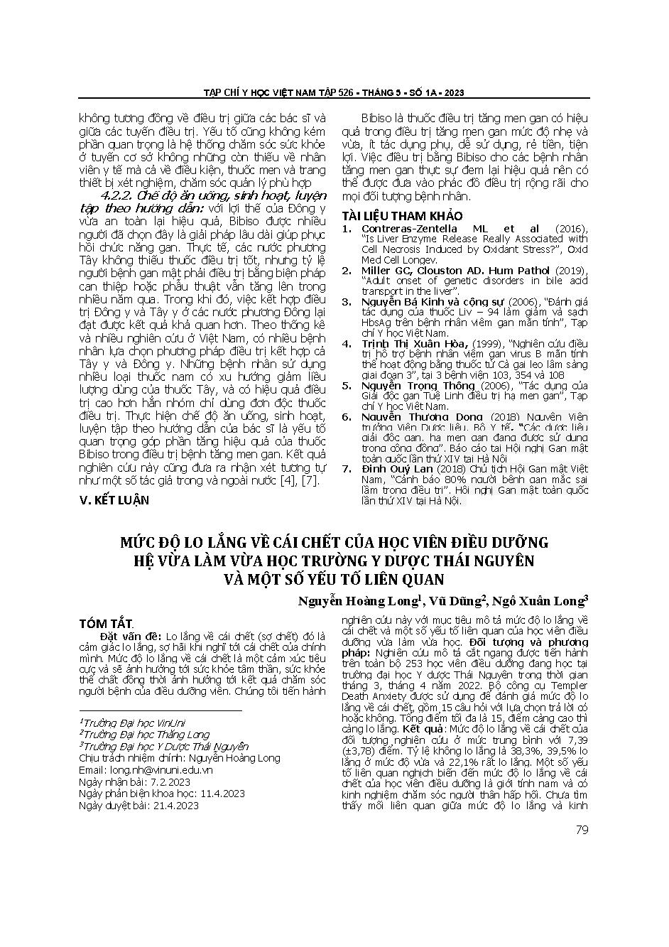 Mức độ lo lắng về cái chết của học viên điều dưỡng hệ vừa làm vừa học Trường Y dược Thái Nguyên và một số yếu tố liên quan = Death anxiety among RN to BSN nursing students at Thai Nguyen university of medicine and pharmacy