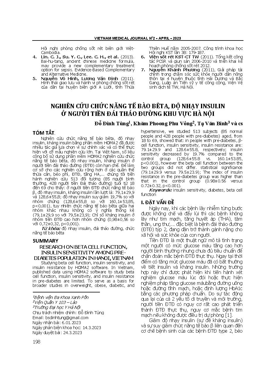 Nghiên cứu chức năng tế bào Beta, độ nhạy insulin ở người tiền đái tháo đường khu vực Hà Nội = Research on beta cell function, insulin sensitivity among pre-diabetes population in Hanoi, Vietnam