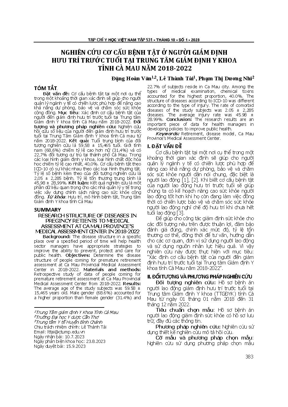 Nghiên cứu cơ cấu bệnh tật ở người giám định hưu trí trước tuổi tại Trung tâm Giám định Y khoa tỉnh Cà Mau năm 2018-2022 = Research structure of diseases in pregnancy patients to medical assessment at Ca Mau province's medical assessment center in 2018-20