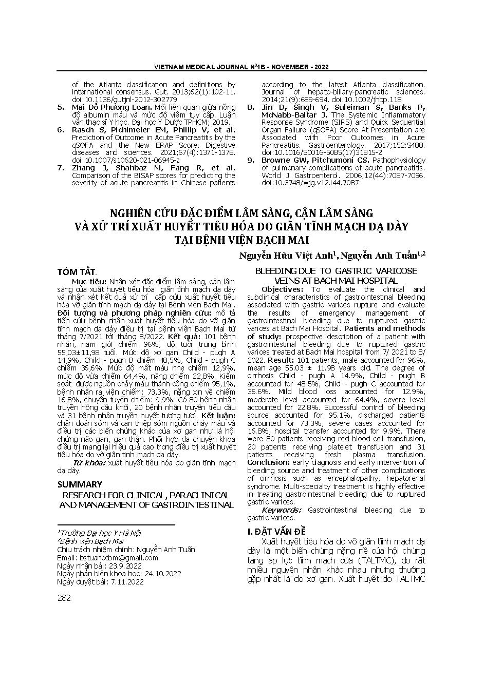 Nghiên cứu đặc điểm lâm sàng, cận lâm sàng và xử trí xuất huyết tiêu hóa do giãn tĩnh mạch dạ dày tại Bệnh viện Bạch Mai = Research for clinical, paraclinical and management of gastrointestinal bleeding due to gastric varicose veins at Bach Mai hospital