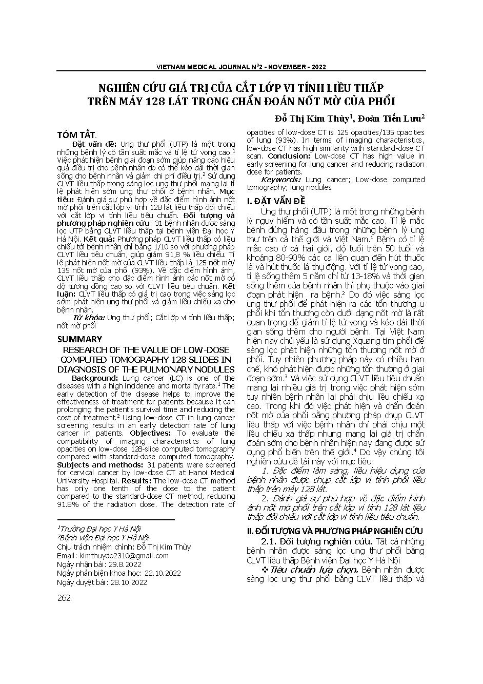 Nghiên cứu giá trị của cắt lớp vi tính liều thấp trên máy 128 lát trong chẩn đoán nốt mờ của phổi = Research of the value of low-dose computed tomography 128 slides in diagnosis of the pulmonary nodules