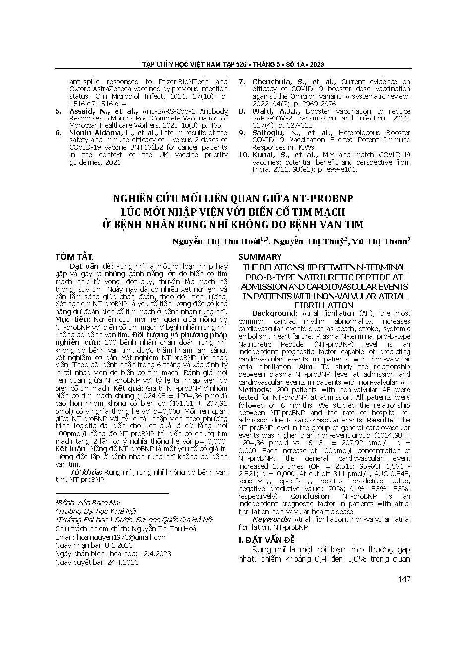 Nghiên cứu mối liên quan giữa NT-ProBNP lúc mới nhập viện với biến cố tim mạch ở bệnh nhân rung nhĩ không do bệnh van tim = The relationship between N-Terminal Pro-B-type natriuretic peptide at admission and cardiovascular events in patients with non-valv