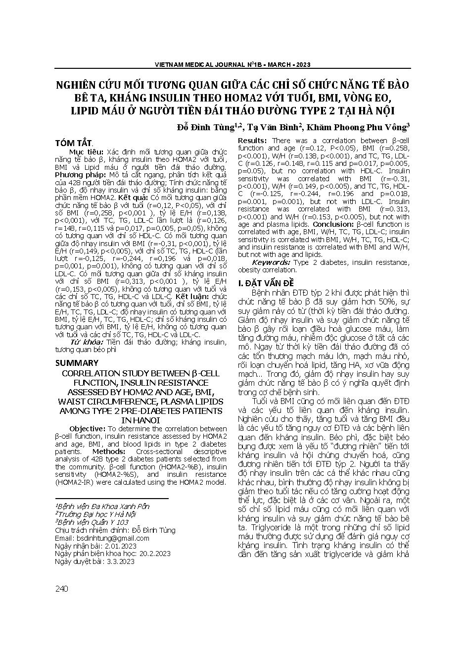 Nghiên cứu mối tương quan giữa các chỉ số chức năng tế bào bêta, kháng insulin theo HOMA2 với tuổi, BMI, vòng eo, lipid máu ở người tiền đái tháo đường type 2 tại Hà Nội = Correlation study between β-cell function, insulin resistance assessed by HOMA2 and
