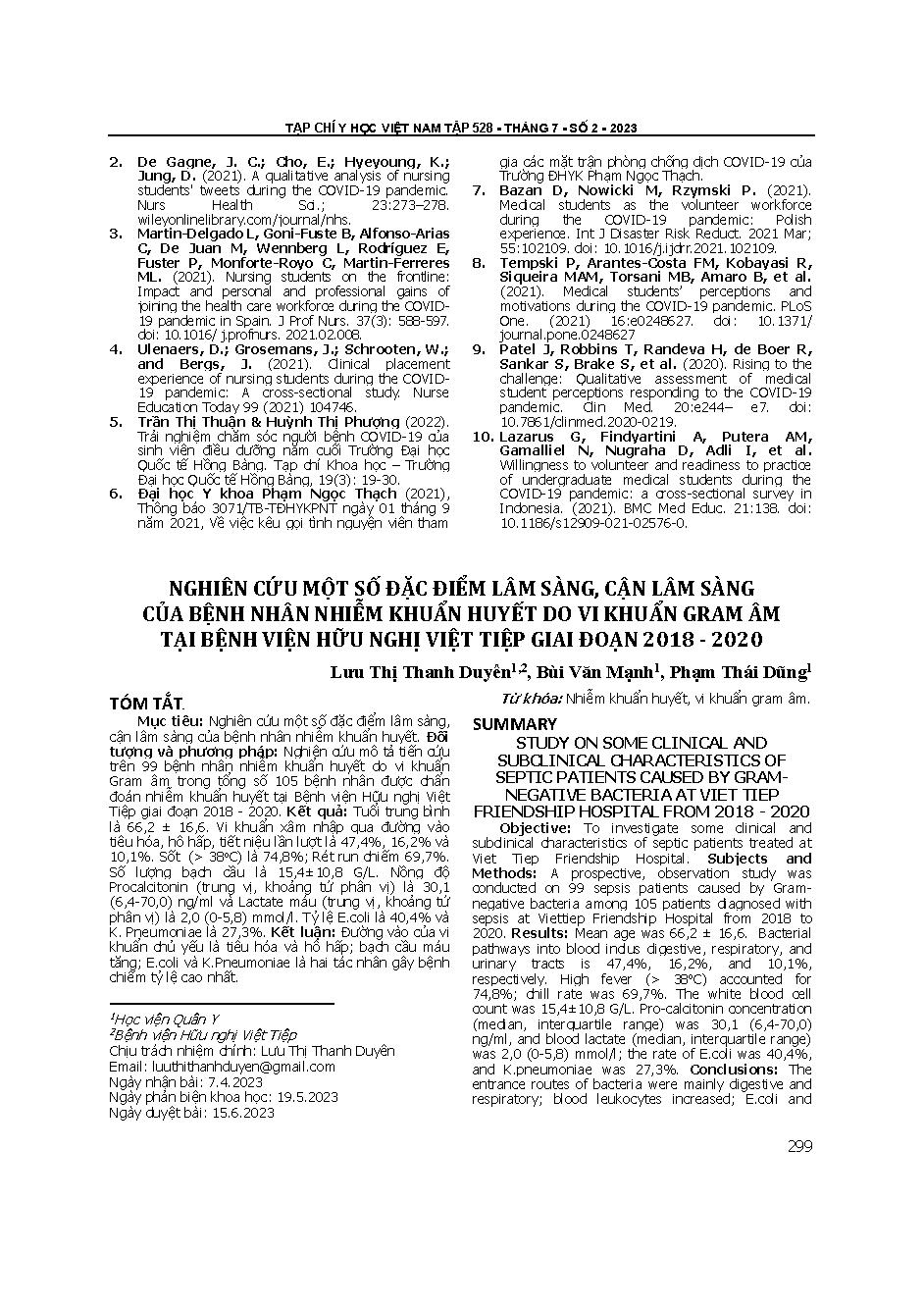 Nghiên cứu một số đặc điểm lâm sàng, cận lâm sàng của bệnh nhân nhiễm khuẩn huyết do vi khuẩn gram âm tại Bệnh viện Hữu nghị Việt Tiệp giai đoạn 2018 - 2020