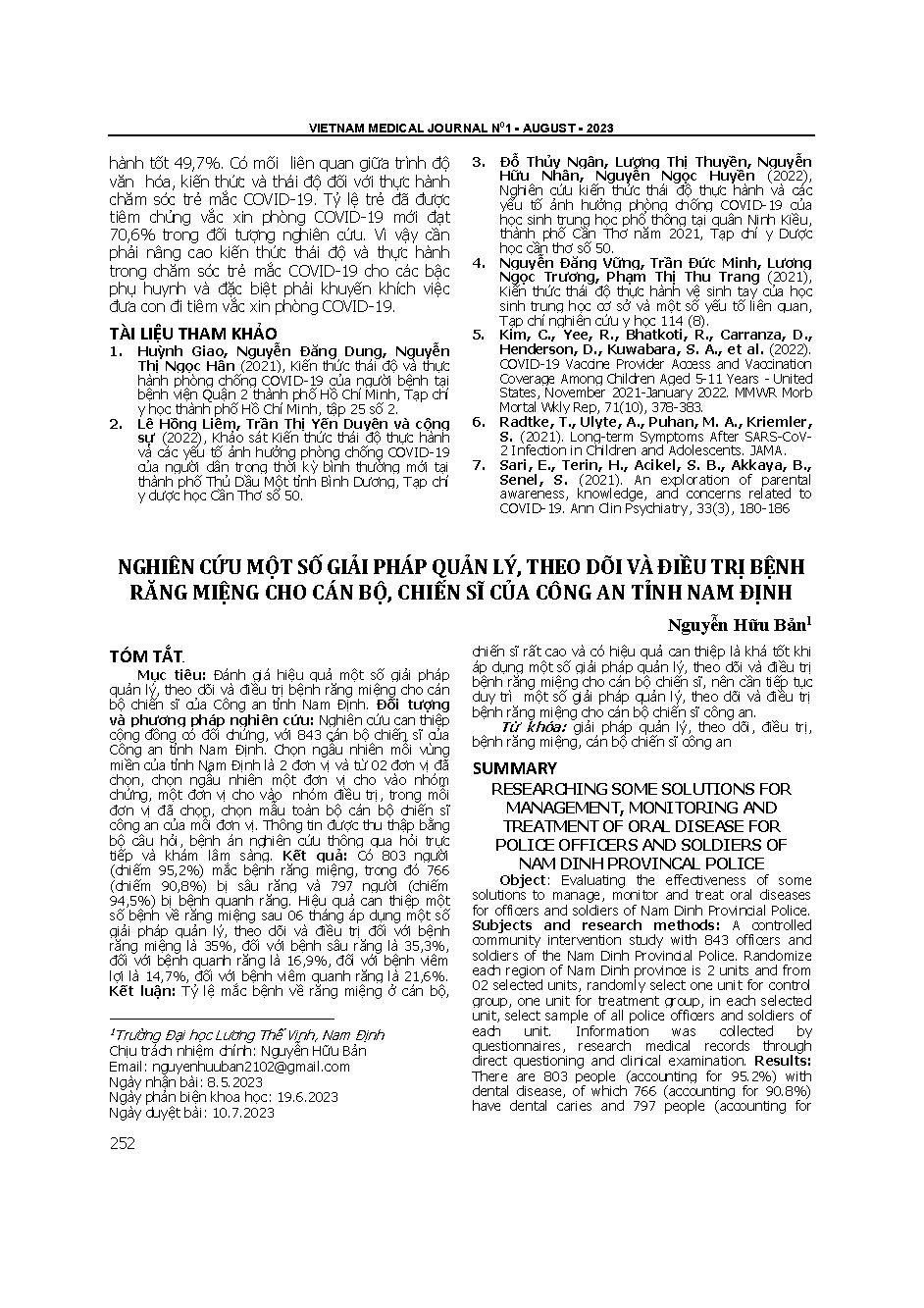 Nghiên cứu một số giải pháp quản lý, theo dõi và điều trị bệnh răng miệng cho cán bộ, chiến sĩ của công an tỉnh Nam Định