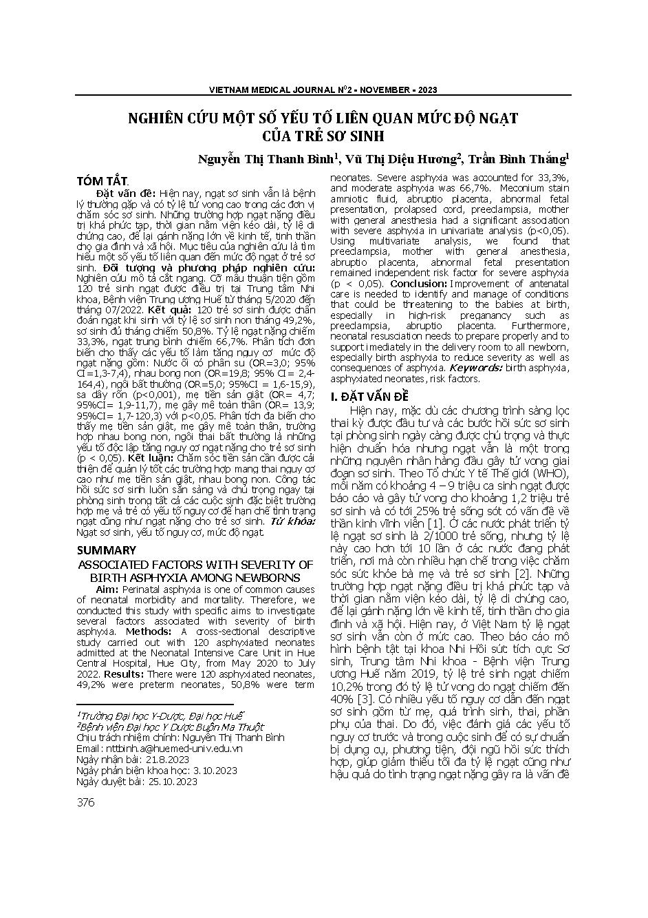 Nghiên cứu một số yếu tố liên quan mức độ ngạt của trẻ sơ sinh = Associated factors with severity of birth asphyxia among newborns