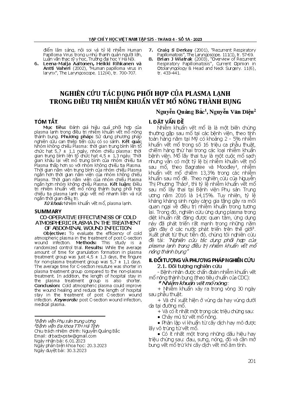 Nghiên cứu tác dụng phối hợp của plasma lạnh trong điều trị nhiễm khuẩn vết mổ nông thành bụng = Co-operative effectiveness of cold atmospheric plasma in the treatment of abdominal wound infection