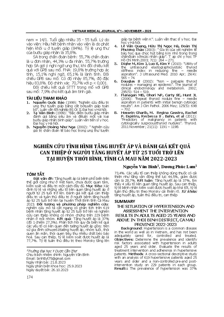 Nghiên cứu tình hình tăng huyết áp và đánh giá kết quả can thiệp ở người tăng huyết áp từ 25 tuổi trở lên tại huyện Thới Bình, tỉnh Cà Mau năm 2022-2023 = The situation of hypertension and assessment the intervention results in adults aged 25 years and ab