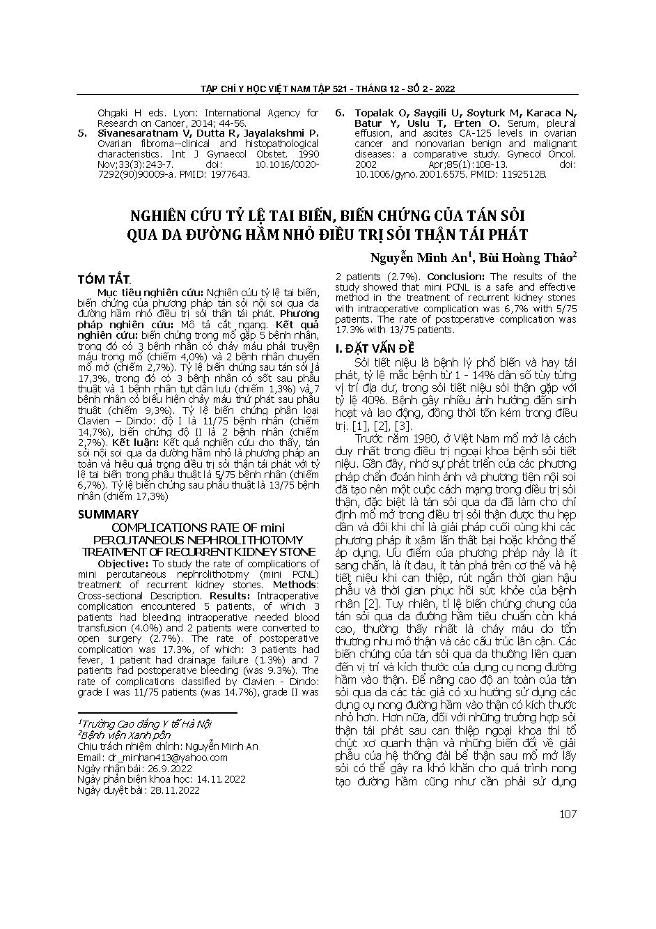 Nghiên cứu tỷ lệ tai biến, biến chứng của tán sỏi qua da đường hầm nhỏ điều trị sỏi thận tái phát = Complications rate of mini percutaneous nephrolithotomy treatment of recurrent kidney stone