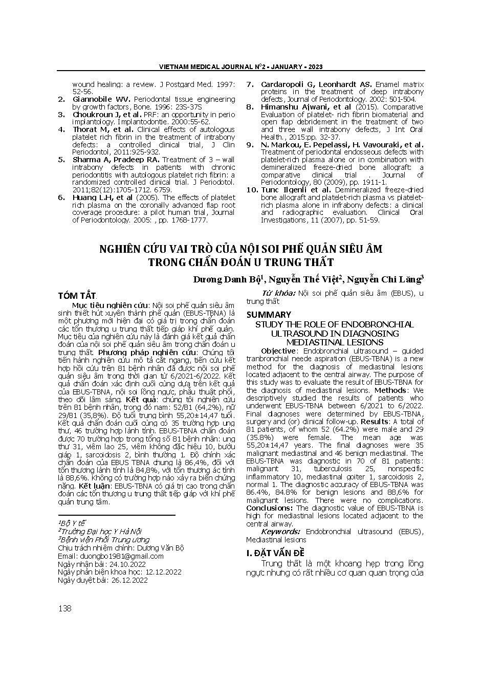 Nghiên cứu vai trò của nội soi phế quản siêu âm trong chẩn đoán u trung thất = Study the role of endobronchial ultrasound in diagnosing mediastinal lesions