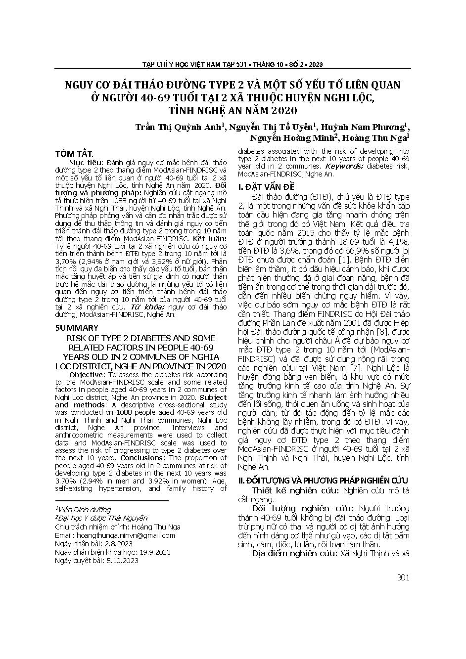 Nguy cơ đái tháo đường type 2 và một số yếu tố liên quan ở người 40-69 tuổi tại 2 xã thuộc huyện Nghi Lộc, tỉnh Nghệ An năm 2020 = Risk of type 2 diabetes and some related factors in people 40-69 years old in 2 communes of Nghia Loc district, Nghe An prov