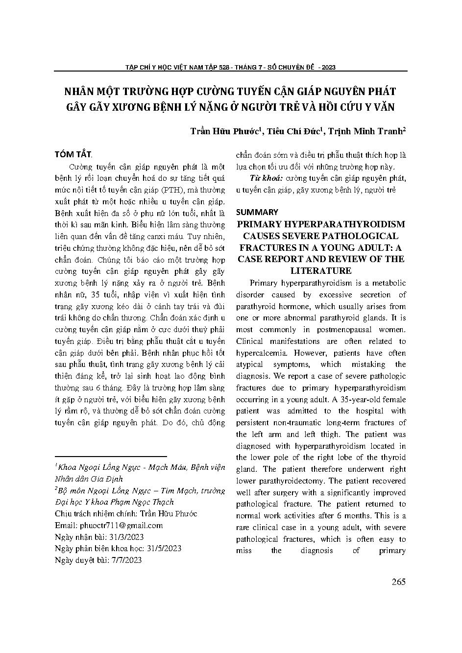 Nhân một trường hợp cường tuyến cận giáp nguyên phát gây gãy xương bệnh lý nặng ở người trẻ và hồi cứu y văn