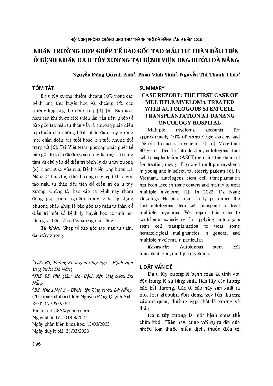 Nhân trường hợp ghép tế bào gốc tạo máu tự thân đầu tiên ở bệnh nhân đa u tủy xương tại Bệnh viện Ung bướu Đà Nẵng