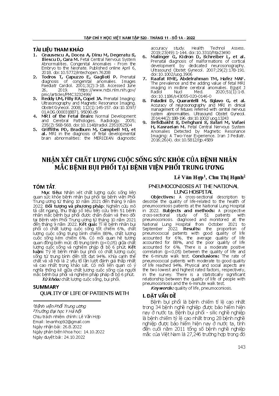 Nhận xét chất lượng cuộc sống sức khỏe của bệnh nhân mắc bệnh bụi phổi tại Bệnh viện Phổi Trung ương = Quality of life of patients with pneumoconiosis at The National lung hospital