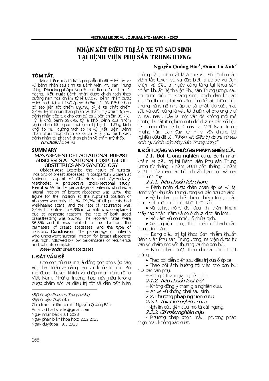 Nhận xét điều trị áp xe vú sau sinh tại Bệnh viện Phụ sản Trung ương = Management of lactational breast abscesses at National hospital of obstetrics and gynecology