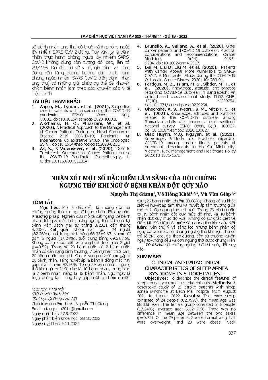 Nhận xét một số đặc điểm lâm sàng của hội chứng ngưng thở khi ngủ ở bệnh nhân đột quỵ não = Clinical and paraclinical characteristics of sleep apnea syndrome in stroke patient