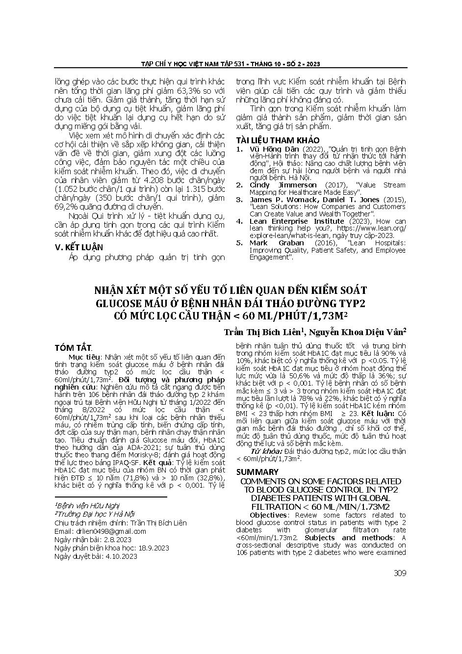 Nhận xét một số yếu tố liên quan đến kiểm soát glucose máu ở bệnh nhân đái tháo đường typ2 có mức lọc cầu thận < 60 ml/phút/1,73m2 = Comments on some factors related to blood glucose control in typ2 diabetes patients with global filtration < 60 ml/min/1.7