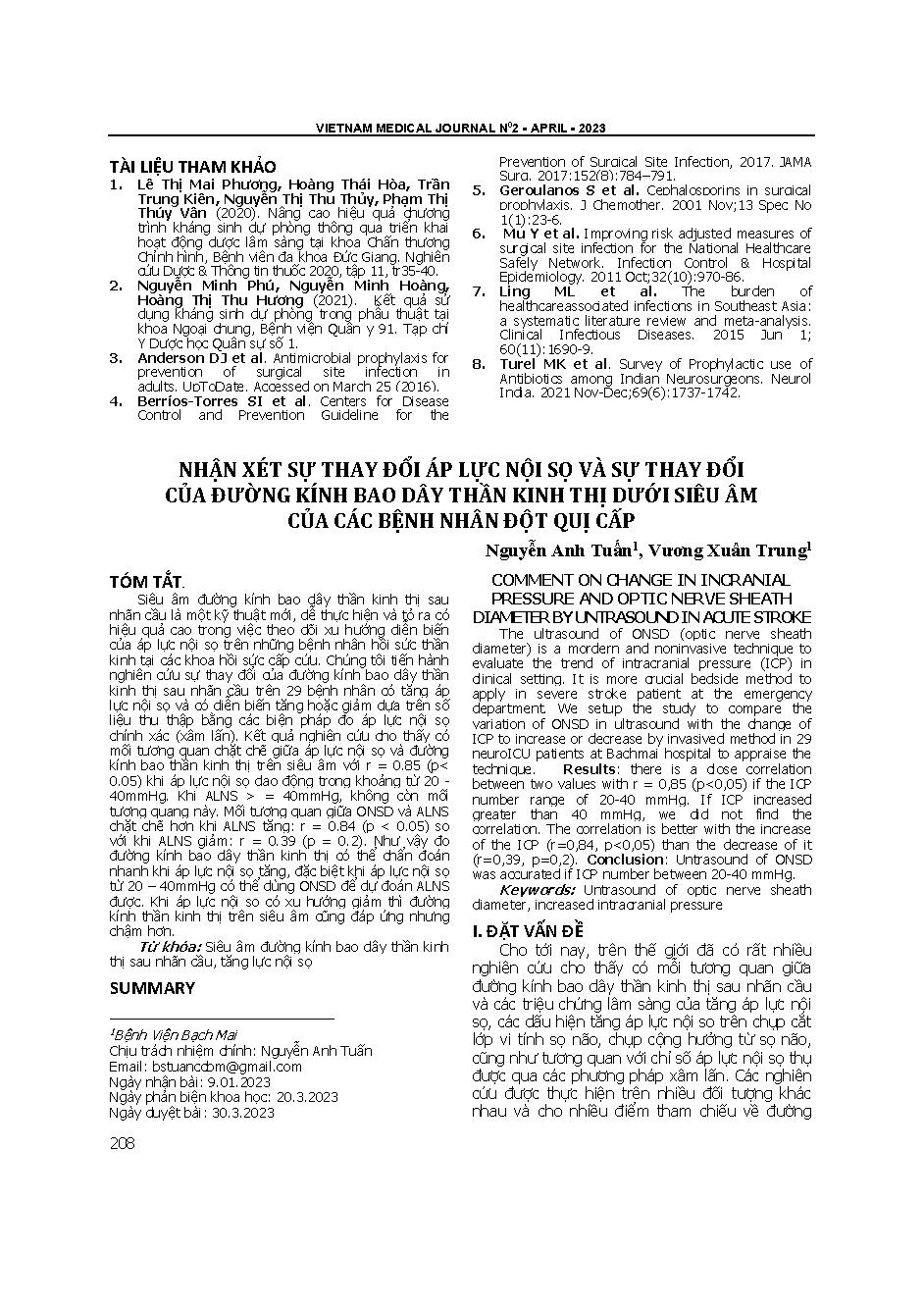 Nhận xét sự thay đổi áp lực nội sọ và sự thay đổi của đường kính bao dây thần kinh thị dưới siêu âm của các bệnh nhân đột quỵ cấp = Comment on change in intracranial pressure and optic nerve sheath diameter by ultrasound in acute stroke