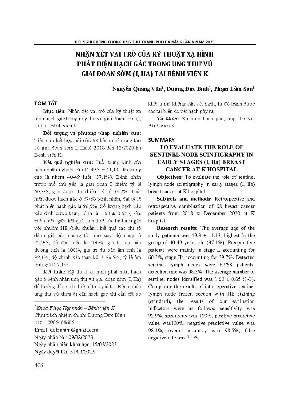 Nhận xét vai trò của kỹ thuật xạ hình phát hiện hạch gác trong ung thư vú giai đoạn sớm (I, IIA) tại Bệnh viện K