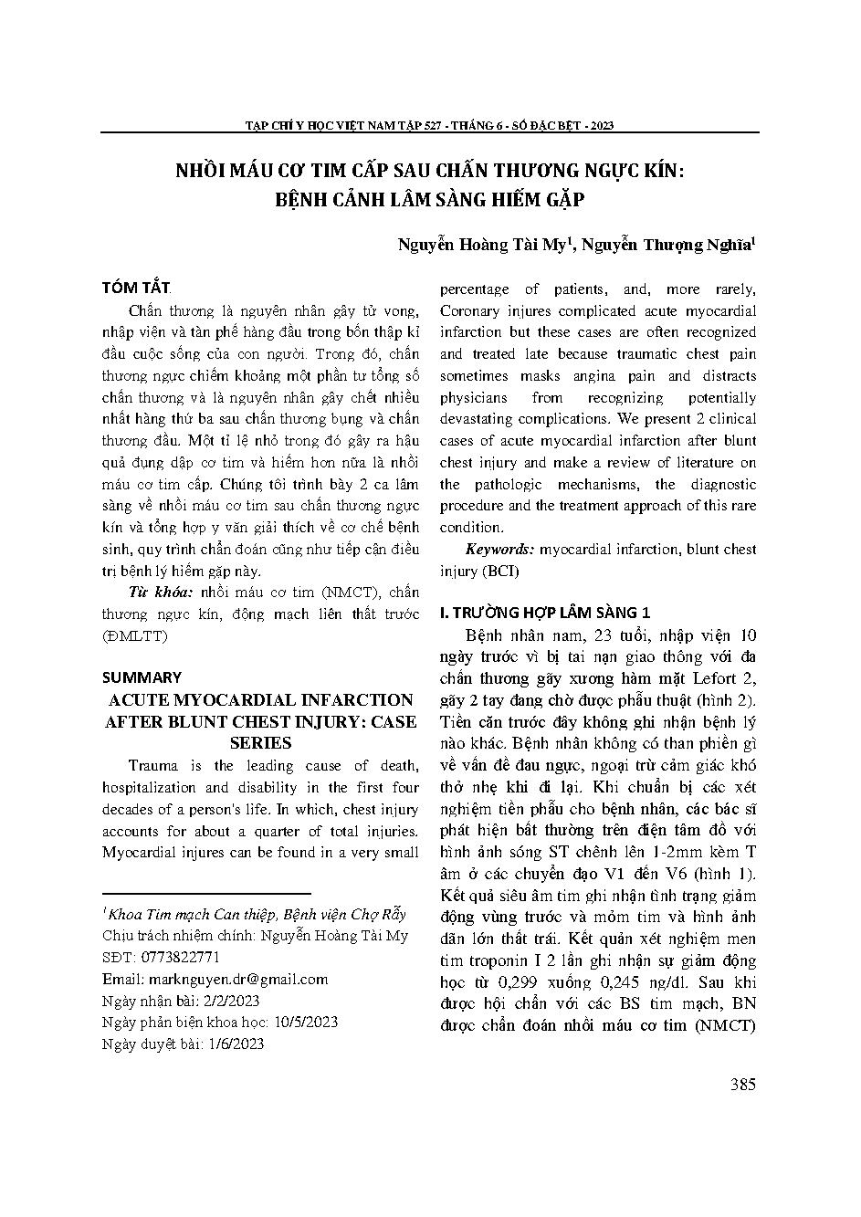 Nhồi máu cơ tim cấp sau chấn thương ngực kín: bệnh cảnh lâm sàng hiếm gặp