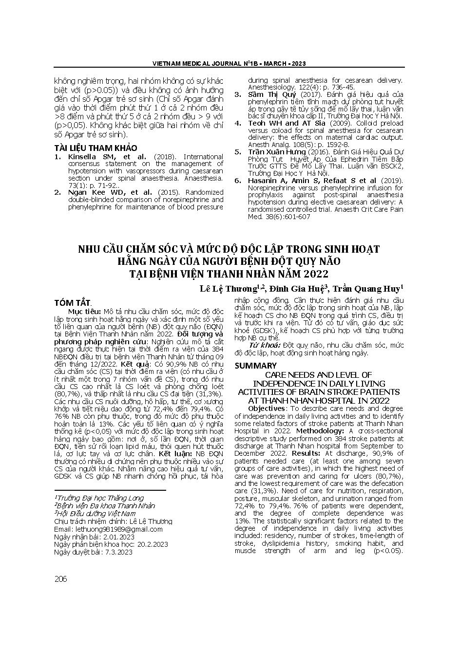 Nhu cầu chăm sóc và mức độ độc lập trong sinh hoạt hằng ngày của người bệnh đột quỵ não tại Bệnh viện Thanh Nhàn năm 2022 = Care needs and level of independence in daily living activities of brain stroke patients at Thanh Nhan hospital in 2022