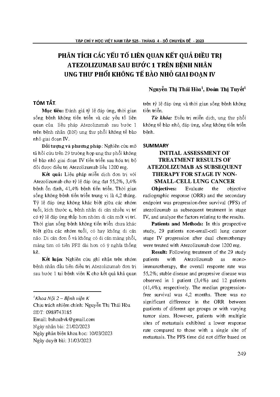Phân tích các yếu tố liên quan kết quả điều trị atezolizumab sau bước 1 trên bệnh nhân ung thư phổi không tế bào nhỏ giai đoạn IV