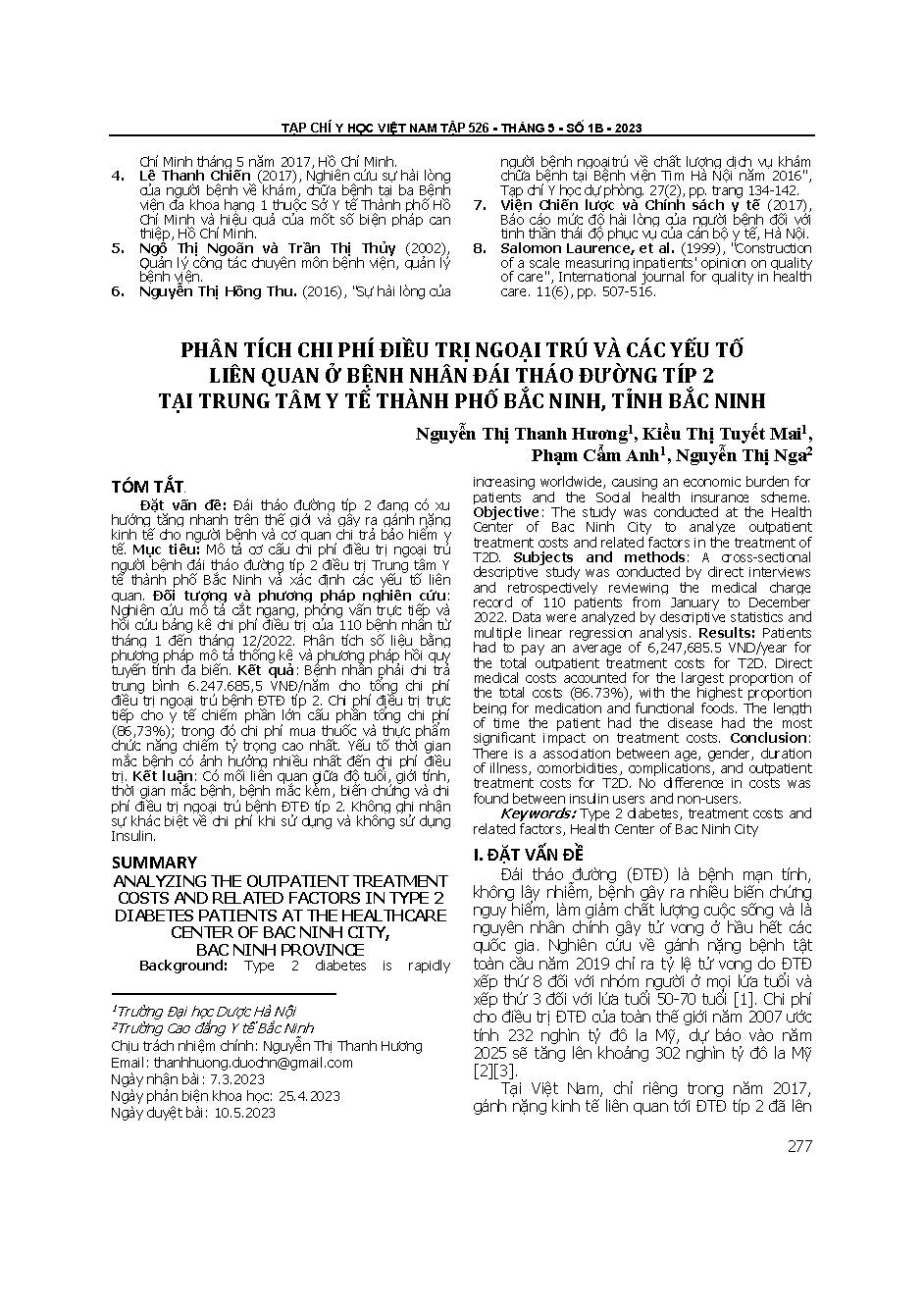 Phân tích chi phí điều trị ngoại trú và các yếu tố liên quan ở bệnh nhân đái tháo đường tuýp 2 tại Trung tâm Y tế Thành phố Bắc Ninh, tỉnh Bắc Ninh = Analyzing the outpatient treatment costs and related factors in type 2 diabetes patients at the healthcar