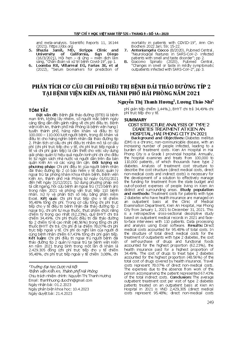 Phân tích cơ cấu chi phí điều trị bệnh đái tháo đường tuýp 2 tại Bệnh viện Kiến An, thành phố Hải Phòng năm 2021 = Cost structure analysis of type 2 diabetes treatment at Kien An hospital, Hai Phong city in 2021