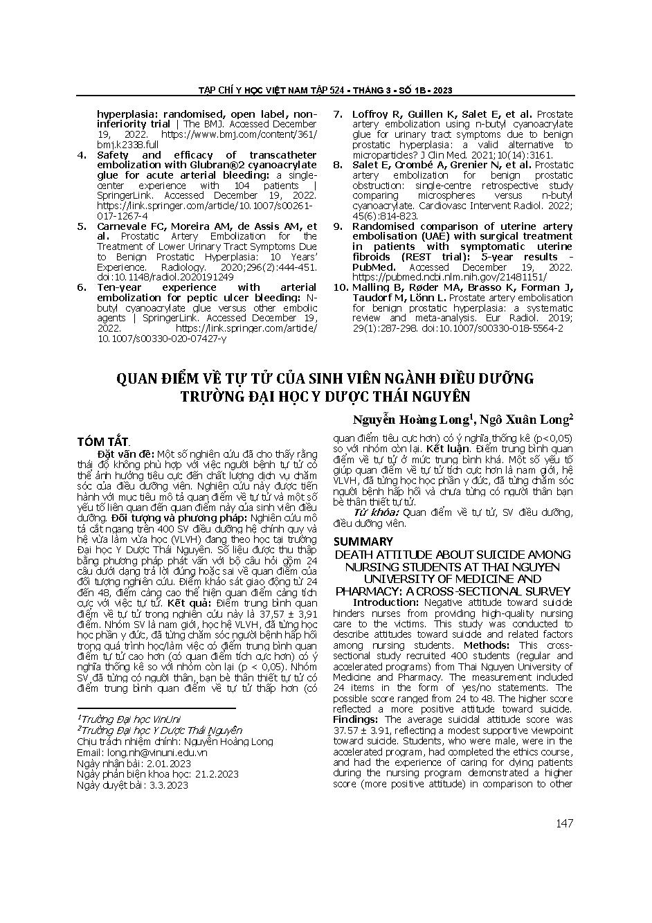 Quan điểm về tự tử của sinh viên ngành điều dưỡng Trường Đại học Y dược Thái Nguyên = Death attitude about suicide among nursing students at thai nguyen university of medicine and pharmacy: A cross-sectional survey