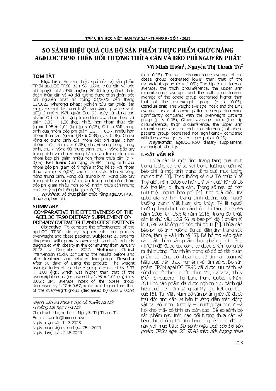 So sánh hiệu quả của bộ sản phẩm thực phẩm chức năng ageLOCTR 90 trên đối tượng thừa cân và béo phì nguyên phát = Comparative the effectiveness of the ageLOC TR90 dietary supplement on primary overweight and obese patients