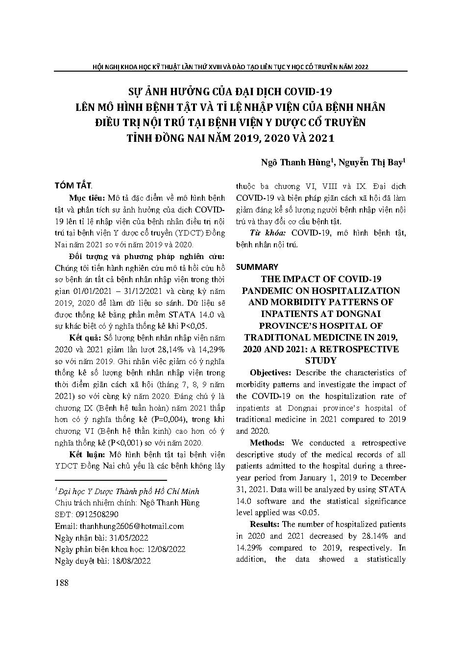 Sự ảnh hưởng của đại dịch covid-19 lên mô hình bệnh tật và tỉ lệ nhập viện của bệnh nhân điều trị nội trú tại bệnh viện y dược cổ truyền tỉnh đồng nai năm 2019, 2020 và 2021