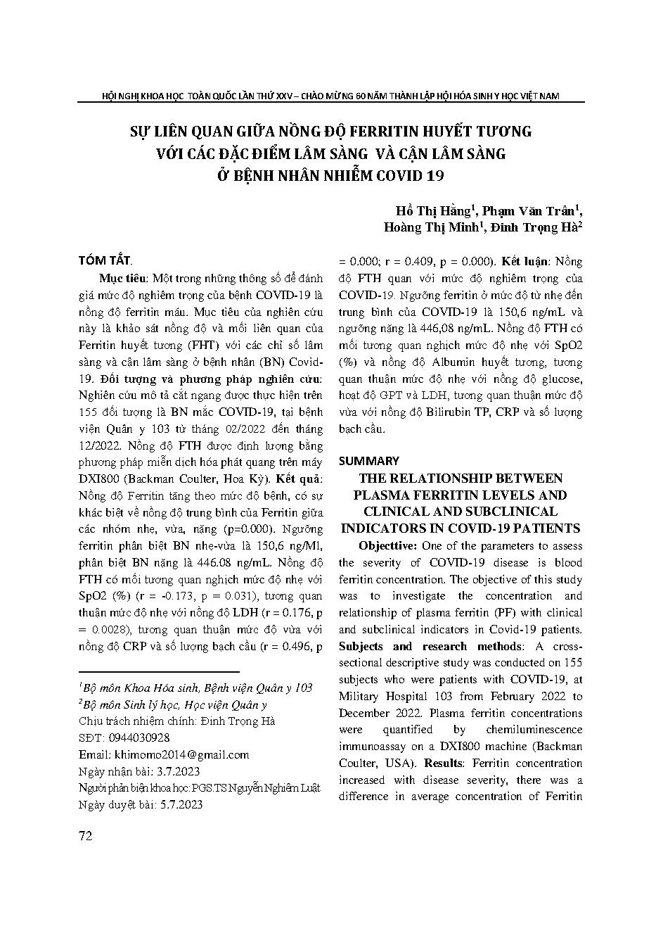 Sự liên quan giữa nồng độ ferritin huyết tương với các đặc điểm lâm sàng và cận lâm sàng ở bệnh nhân nhiễm Covid 19