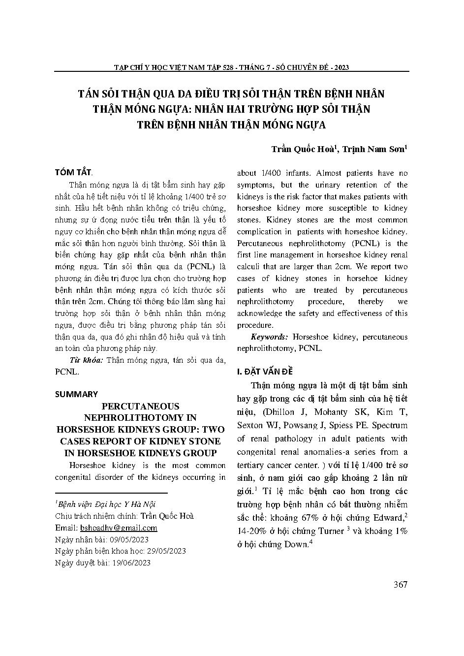 Tán sỏi thận qua da điều trị sỏi thận trên bệnh nhân thận móng ngựa: Nhân hai trường hợp sỏi thận trên bệnh nhân thận móng ngựa