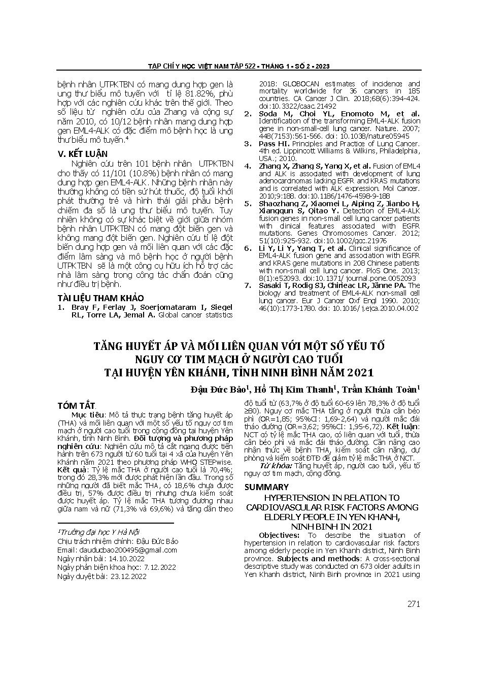 Tăng huyết áp và mối liên quan với một số yếu tố nguy cơ tim mạch ở người cao tuổi tại huyện Yên Khánh, tỉnh Ninh Bình năm 2021 = Hypertension in relation to cardiovascular risk factors among elderly people in Yen Khanh, Ninh Binh in 2021