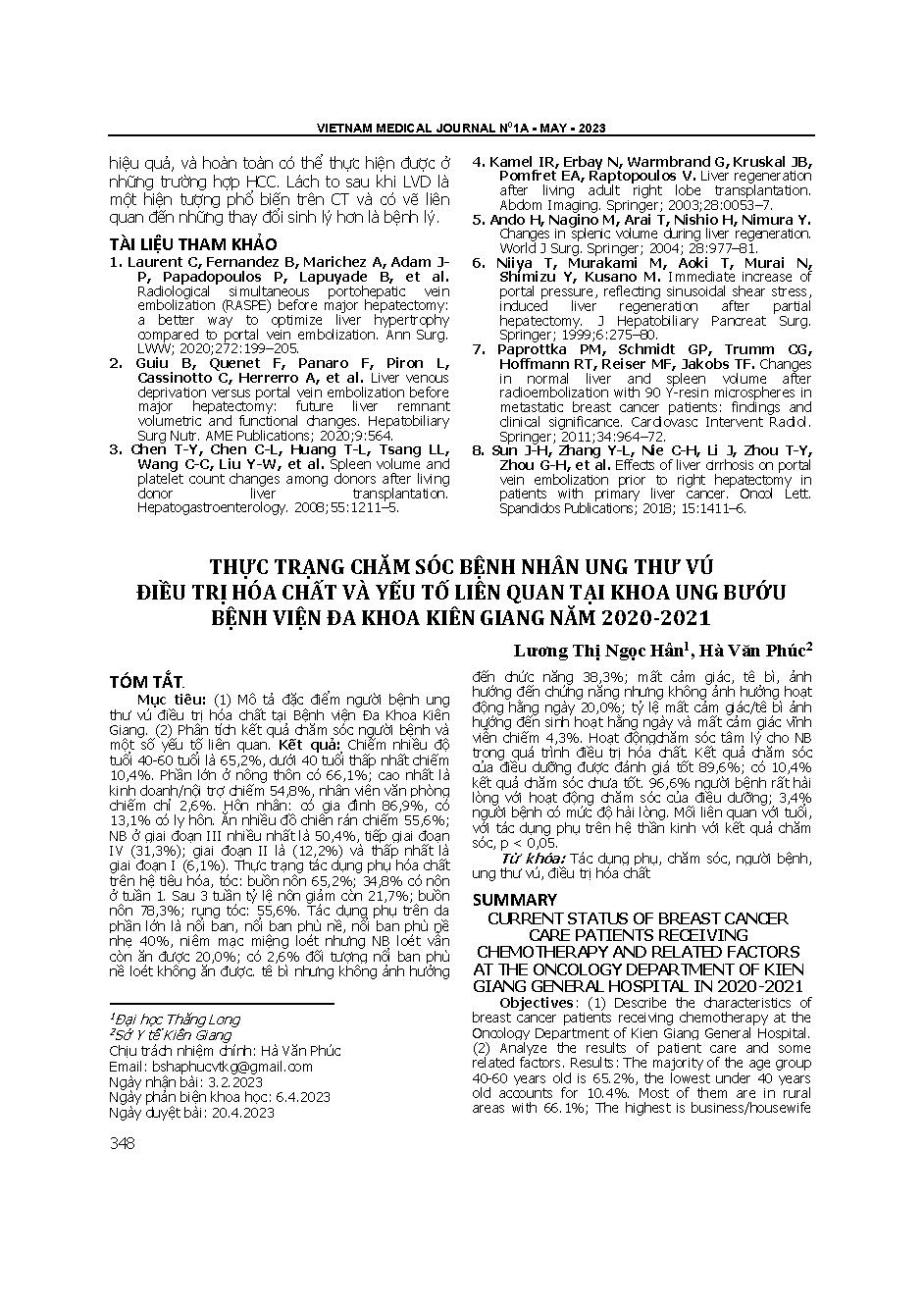 Thực trạng chăm sóc bệnh nhân ung thư vú điều trị hóa chất và yếu tố liên quan tại Khoa Ung bướu Bệnh viện Đa khoa Kiên Giang năm 2020-2021 = Current status of breast cancer care patients receiving chemotherapy and related factors at the oncology departme