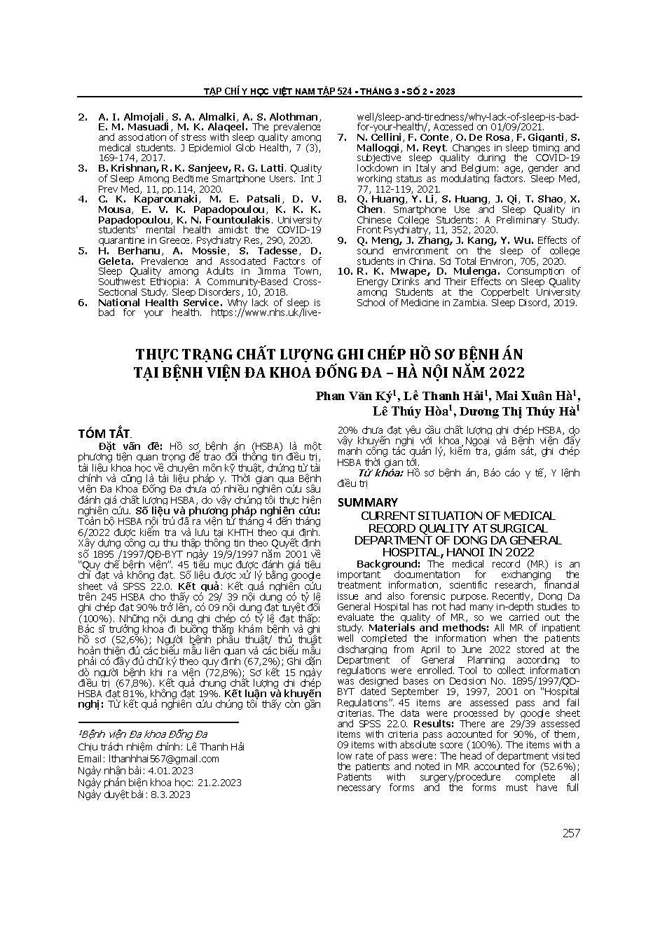 Thực trạng chất lượng ghi chép hồ sơ bệnh án tại Bệnh viện Đa khoa Đống Đa – Hà Nội năm 2022 = Current situation of medical record quality at surgical department of Dong Da general hospital, hanoi in 2022