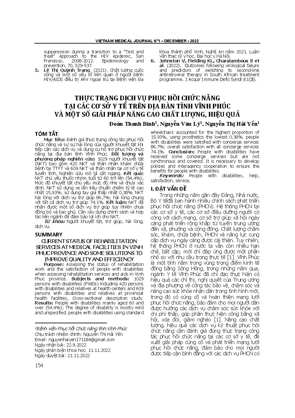 Thực trạng dịch vụ phục hồi chức năng tại các cơ sở y tế trên địa bàn tỉnh Vĩnh Phúc và một số giải pháp nâng cao chất lượng, hiệu quả = Current status of rehabilitation services at medical facilities in Vinh Phuc province and some solutions to improve qu