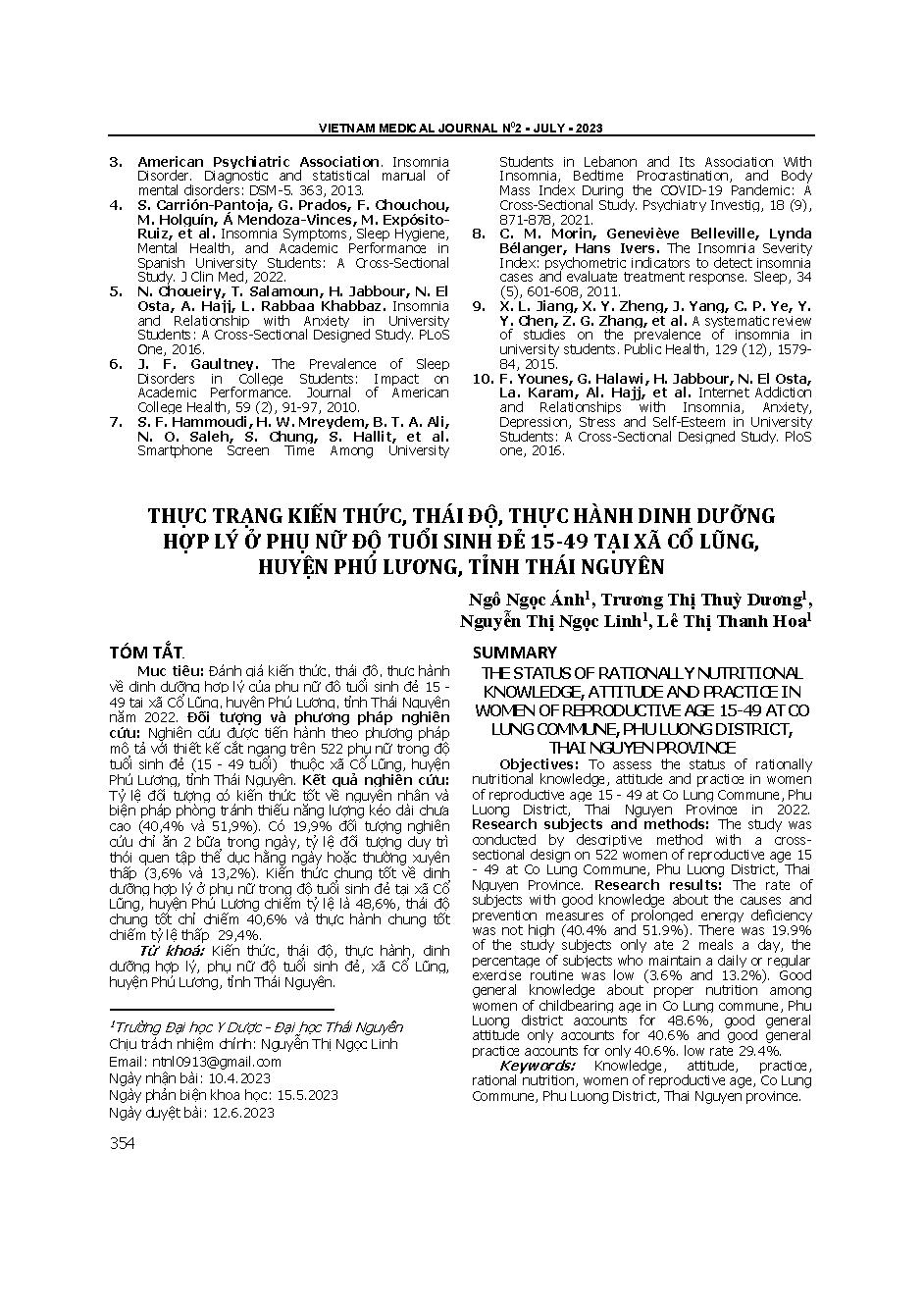 Thực trạng kiến thức, thái độ, thực hành dinh dưỡng hợp lý ở phụ nữ độ tuổi sinh đẻ 15-49 tại xã Cổ Lũng, huyện Phú Lương, tỉnh Thái Nguyên