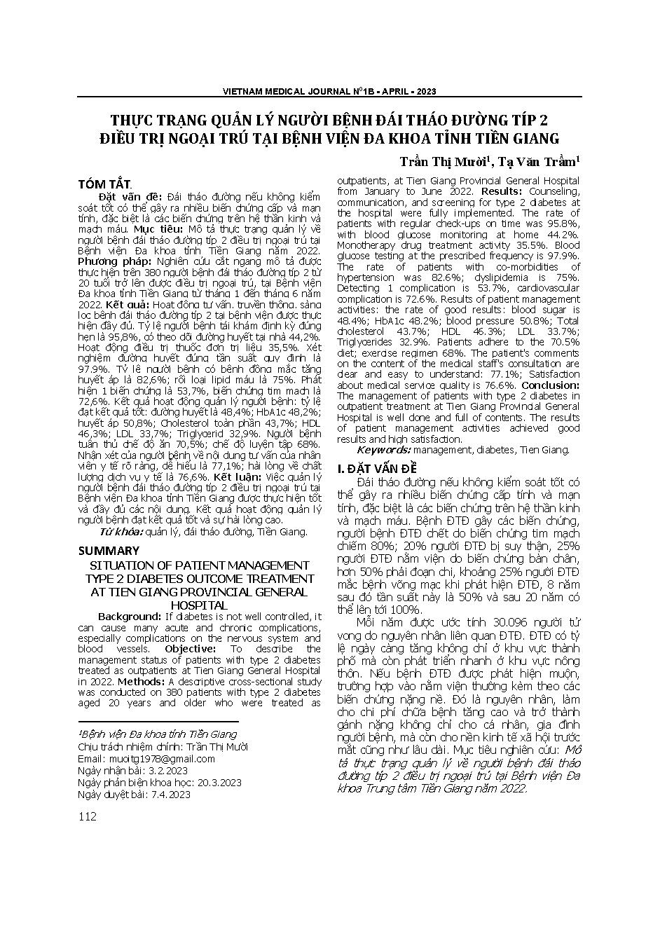 Thực trạng quản lý người bệnh đái tháo đường tuýp 2 điều trị ngoại trú tại Bệnh viện Đa khoa tỉnh Tiền Giang = Situation of patient management type 2 diabetes outcome treatment at Tien Giang provincial general hospital