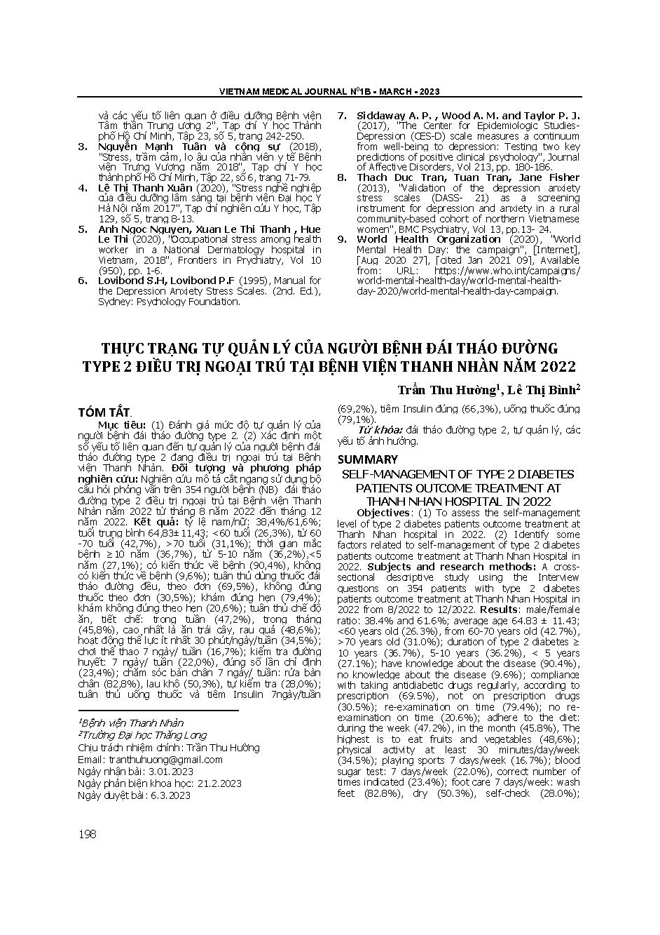 Thực trạng tự quản lý của người bệnh đái tháo đường type 2 điều trị ngoại trú tại Bệnh viện Thanh Nhàn năm 2022 = Self-management of type 2 diabetes patients outcome treatment at Thanh Nhan hospital in 2022