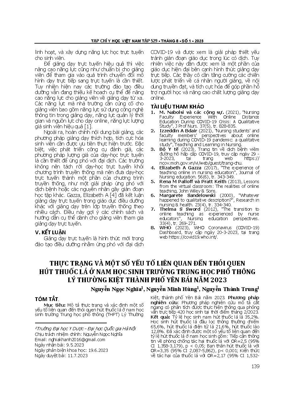 Thực trạng và một số yếu tố liên quan đến thói quen hút thuốc lá ở nam học sinh Trường Trung học phổ thông Lý Thường Kiệt thành phố Yên Bái năm 2023