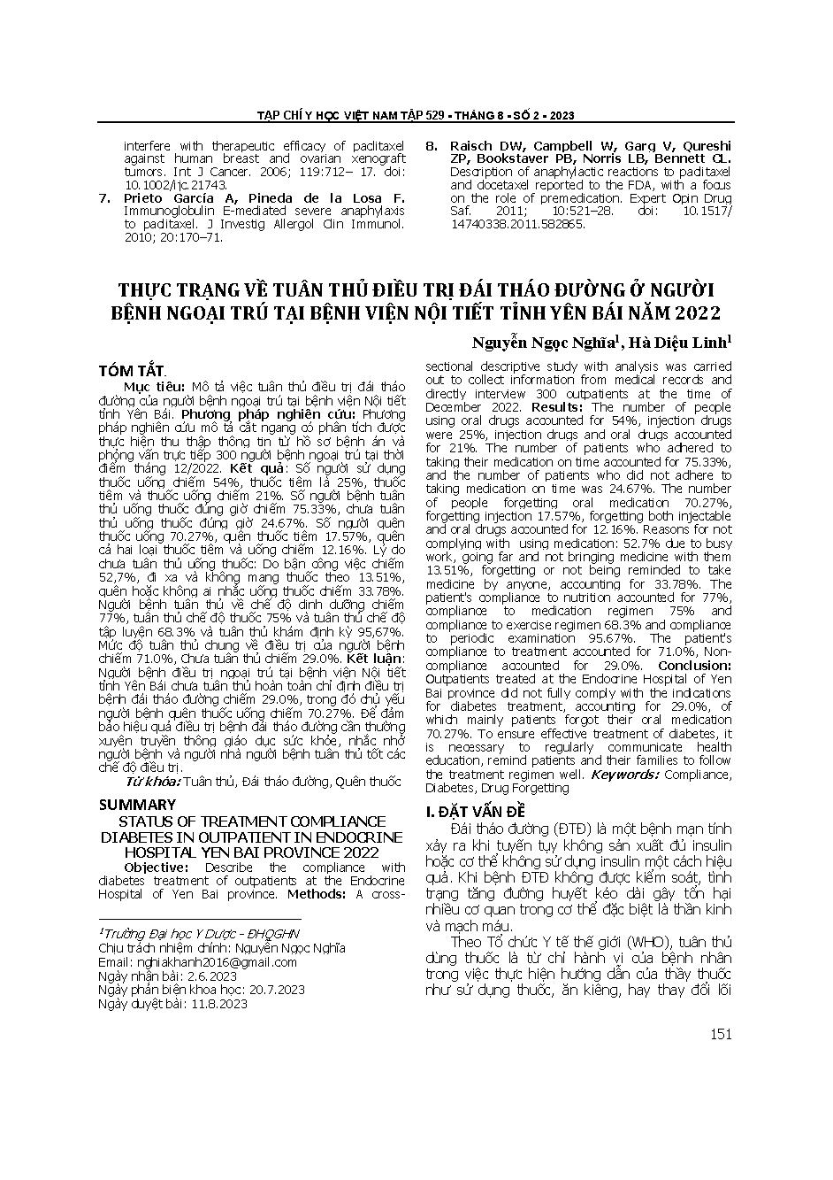 Thực trạng về tuân thủ điều trị đái tháo đường ở người bệnh ngoại trú tại Bệnh viện Nội tiết tỉnh Yên Bái năm 2022